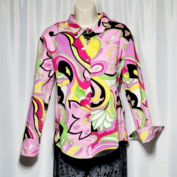 Willow Retro Groovy Funky & Floral Colorful Stretch Blouse Women's (M) - Picture 1 of 13
